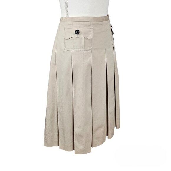 Burberry Wide Pleated High Waist Cotton Tan Knee Length Skirt - Picture 3 of 16